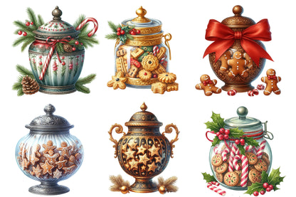 Christmas Cookie Jars Clipart PNG Bundle | Watercolor Festive Cookie Jar Clipart | Holiday Kitchen Sublimation PNG