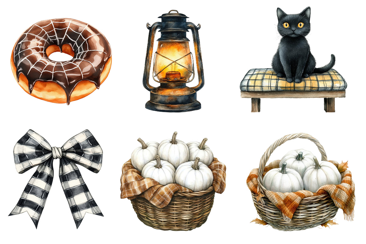 Watercolor Cozy Halloween Clipart PNG Bundle | Cute Ghost, Pumpkin, Cat, Witch, Coffee & Fall Spooky Clipart