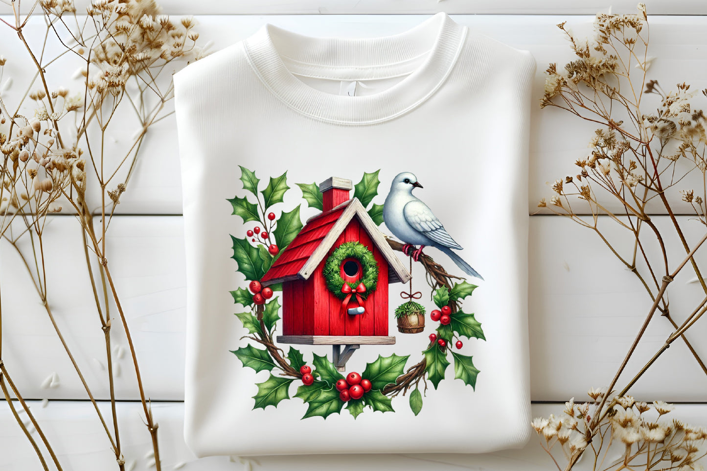 Watercolor Christmas White Dove Clipart PNG Bundle | Peace Dove & Festive Holiday Floral Designs