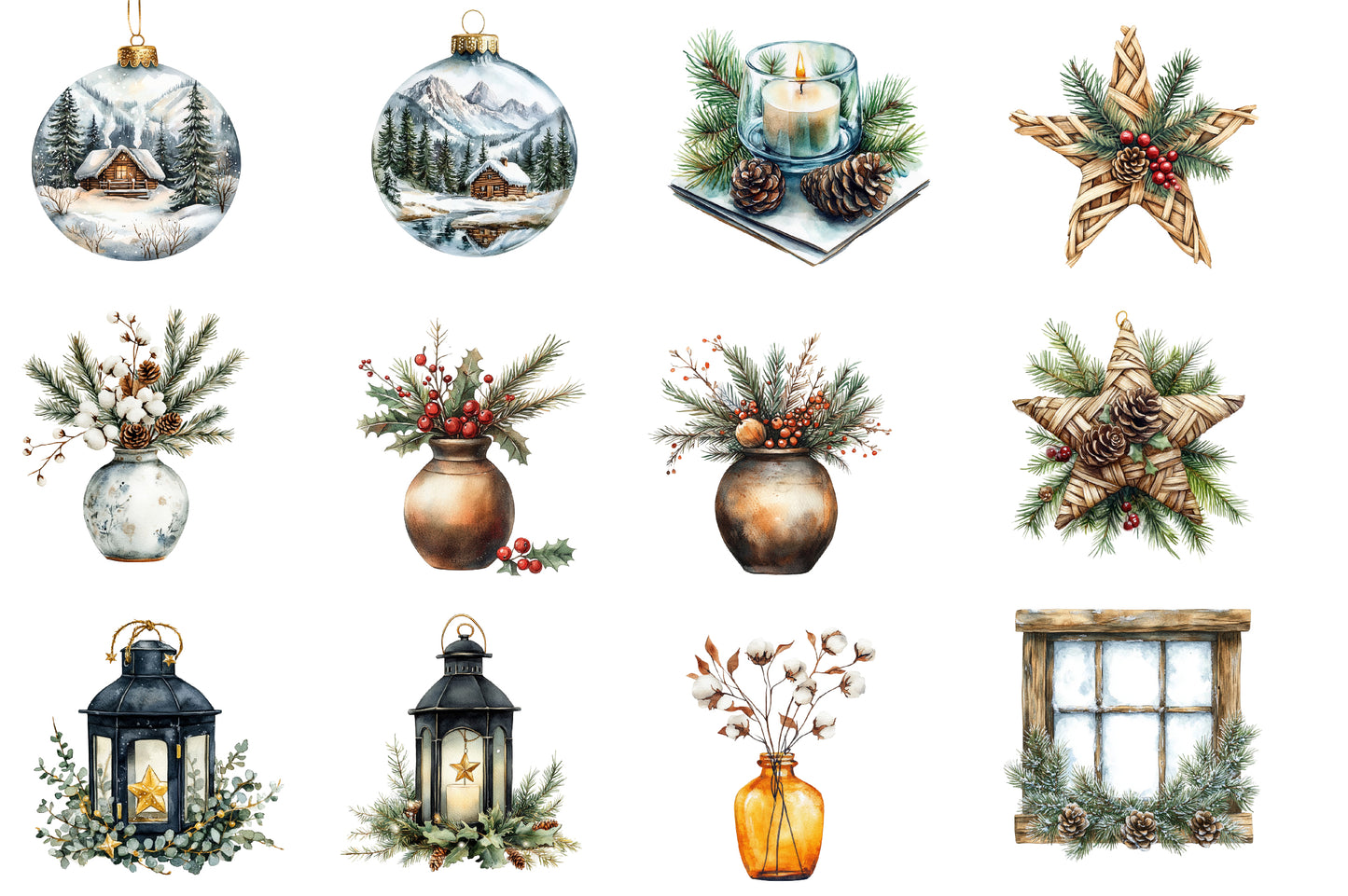 Boho Christmas Clipart PNG Bundle | Neutral Watercolor Christmas Clipart | Rustic Bohemian Holiday PNG