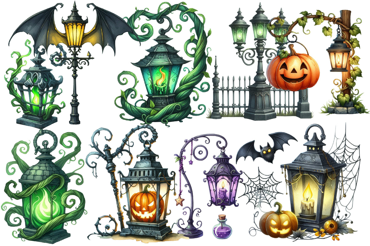 Halloween Streetlights Clipart PNG Bundle | 21 Gothic Lantern & Street Lamp Designs
