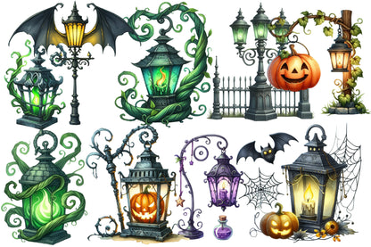 Halloween Streetlights Clipart PNG Bundle | 21 Gothic Lantern & Street Lamp Designs
