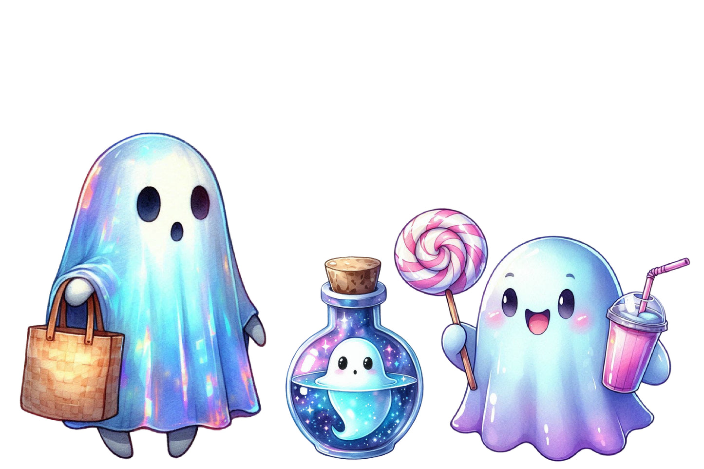 Holographic Halloween Watercolor Clipart PNG Bundle | Cute Ghost PNG, Kawaii Halloween Clipart