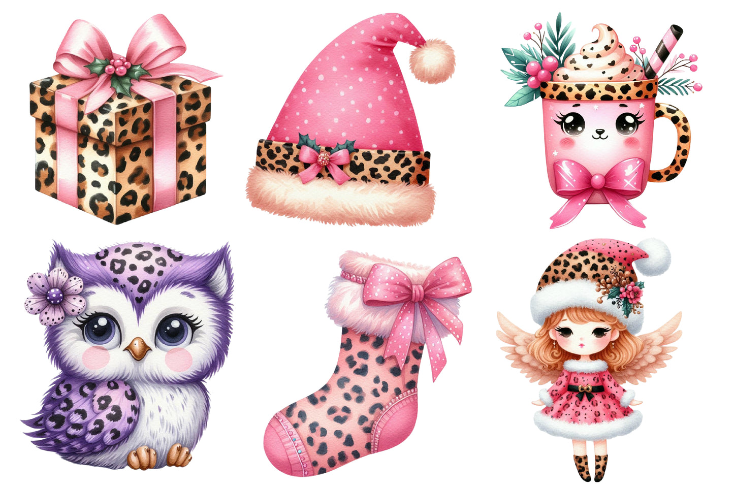 Kawaii Pink Leopard Christmas Watercolor Clipart PNG Bundle | Cute Animal Print Holiday Clipart | Pink Christmas Sublimation PNG
