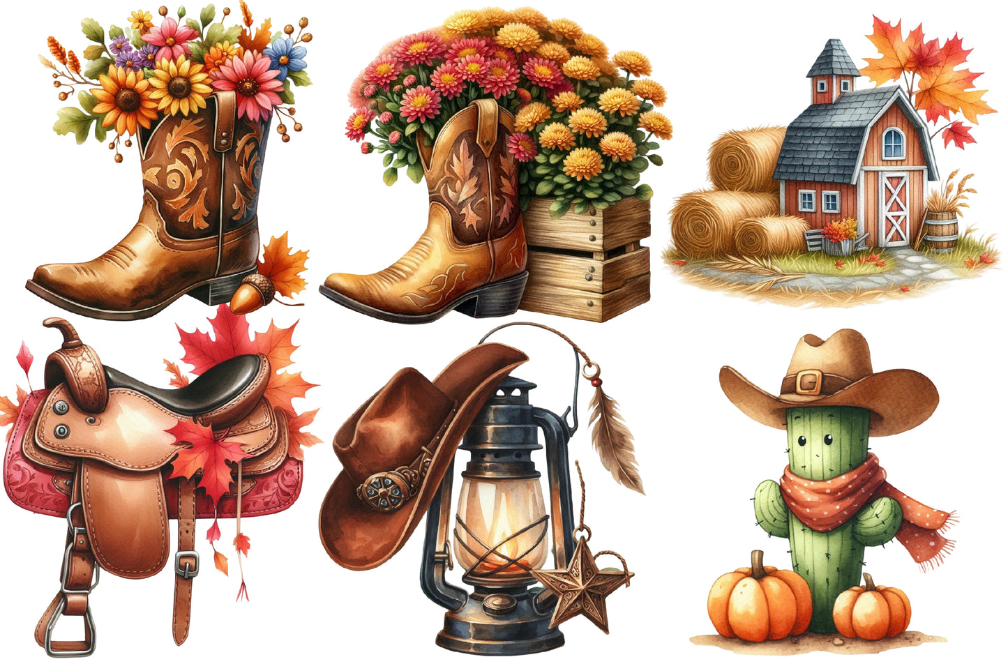 Cowboy Autumn Watercolor Clipart PNG Bundle | Western Fall Clipart | Autumn Sublimation