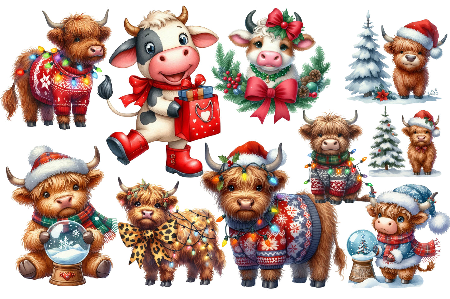 Christmas Highland Cow Clipart Bundle PNG | Watercolor Cute Highland Cow Christmas Clipart | Farmhouse Holiday Sublimation PNG