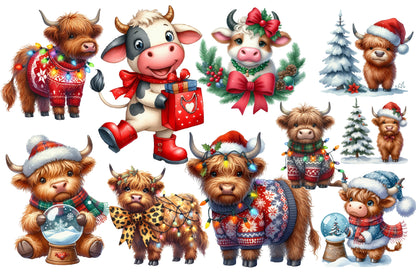 Christmas Highland Cow Clipart Bundle PNG | Watercolor Cute Highland Cow Christmas Clipart | Farmhouse Holiday Sublimation PNG