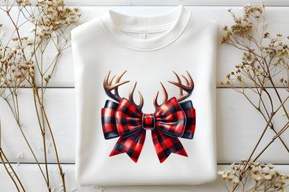Watercolor Christmas Coquette Bow Reindeer Clipart PNG Bundle | Red Buffalo Plaid Bows & Antlers | Christmas Sublimation
