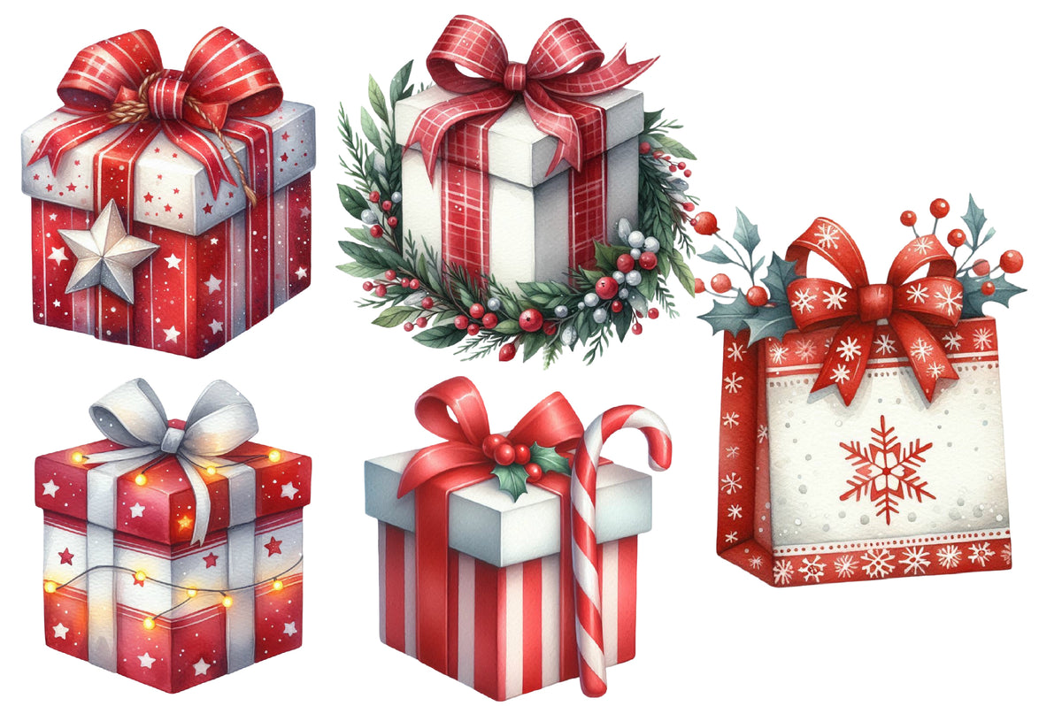 Christmas Presents & Wrapping Clipart PNG Bundle | Watercolor Christmas Gifts & Wrapping Clipart | Holiday Gift Sublimation PNG