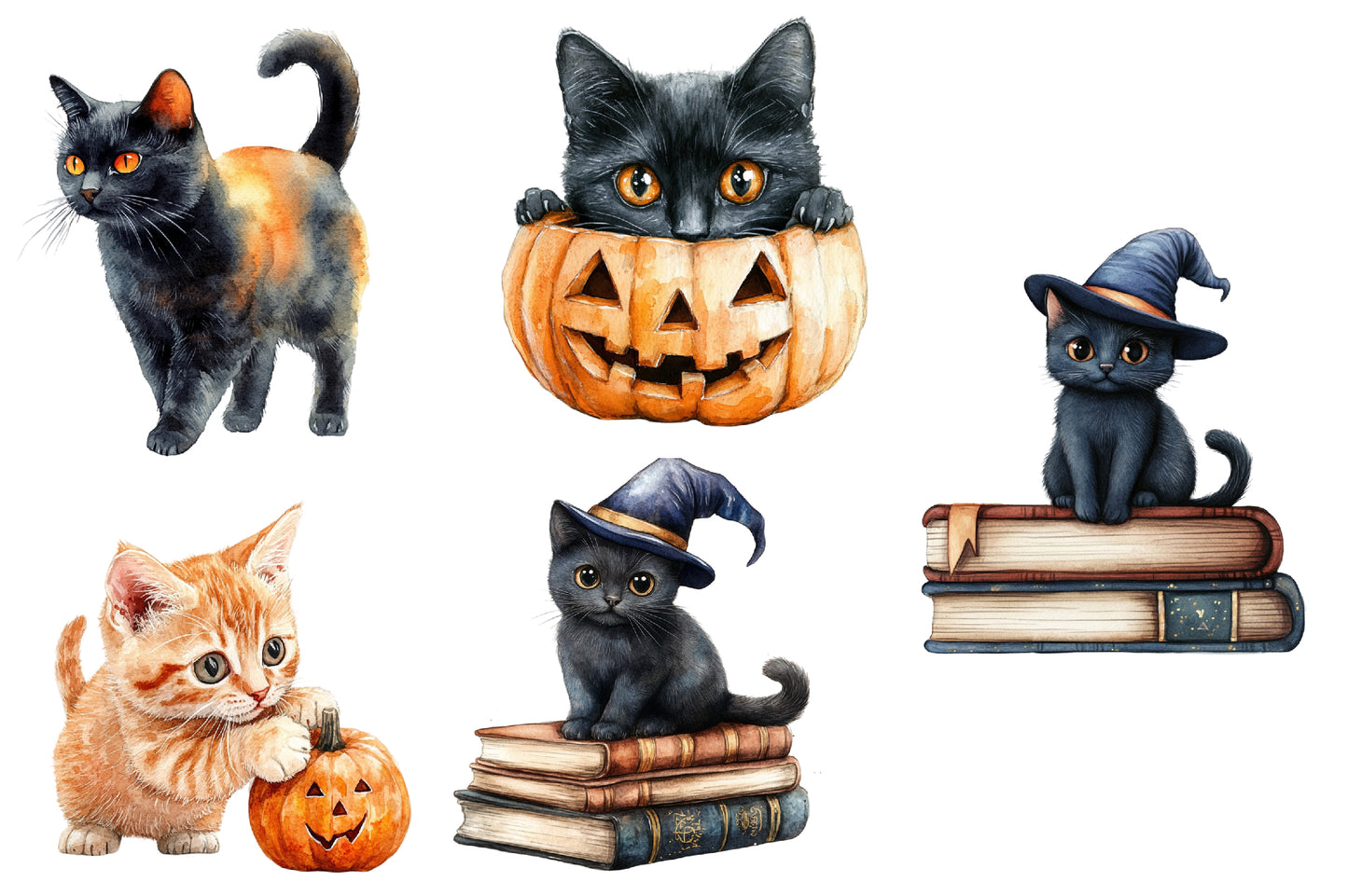 Halloween Black Cat Clipart PNG Bundle | Black Cat Halloween PNG, Witch Cat Clipart,