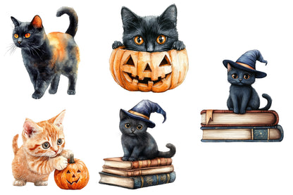 Halloween Black Cat Clipart PNG Bundle | Black Cat Halloween PNG, Witch Cat Clipart,