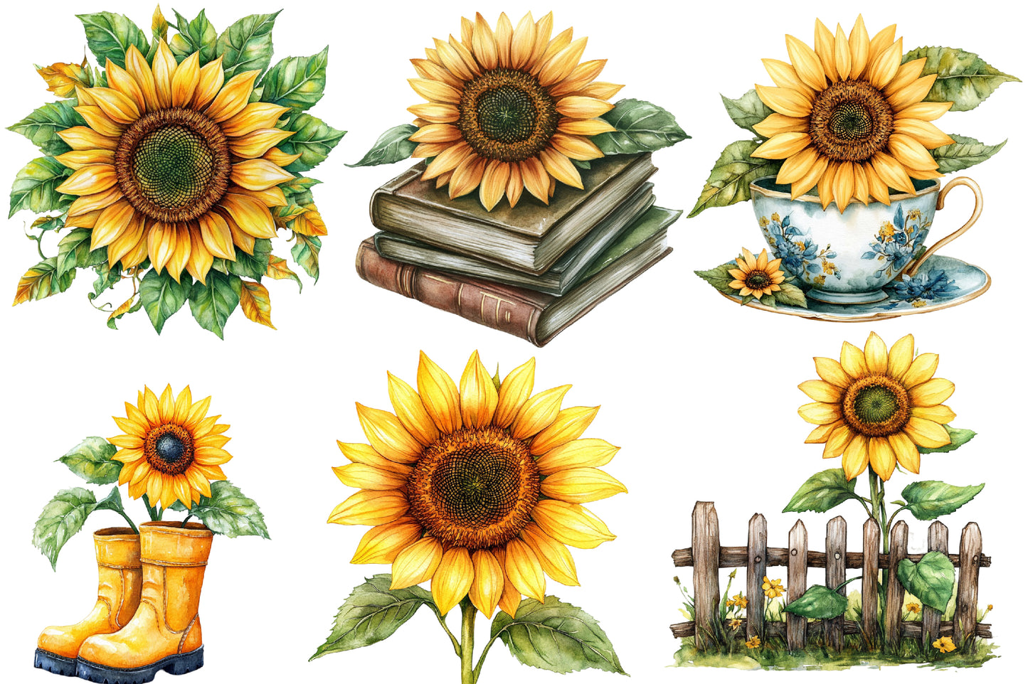 Autumn Sunflowers Clipart PNG Bundle | Watercolor Fall Sunflower Clipart | Rustic Harvest Floral PNG