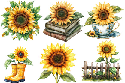 Autumn Sunflowers Clipart PNG Bundle | Watercolor Fall Sunflower Clipart | Rustic Harvest Floral PNG