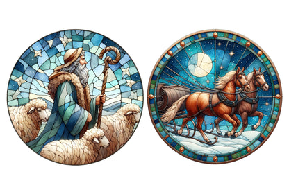 Christmas Round Stained Glass Clipart PNG Bundle | Watercolor Round Christmas Stained Glass Designs | Holiday Sublimation PNG