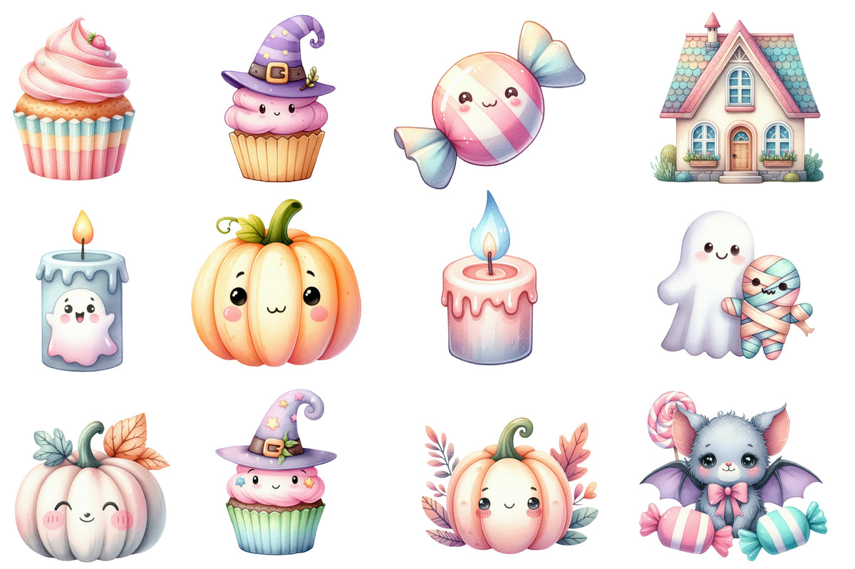 Pastel Halloween Clipart PNG Bundle | Cute Ghost, Cat, Pumpkin & Haunted House