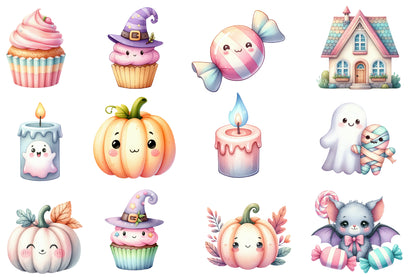 Pastel Halloween Clipart PNG Bundle | Cute Ghost, Cat, Pumpkin & Haunted House