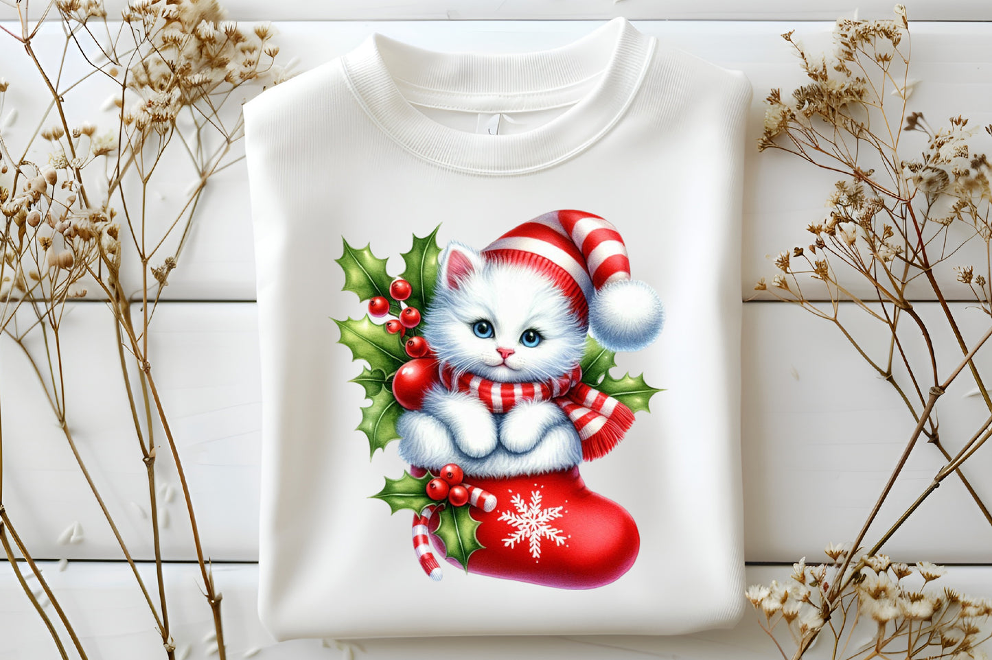 Christmas Cat Stocking Clipart PNG Bundle | Watercolor Christmas Cats, Red Stockings, Santa Hats, Scarf & Holly Berry