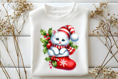Christmas Cat Stocking Clipart PNG Bundle | Watercolor Christmas Cats, Red Stockings, Santa Hats, Scarf & Holly Berry