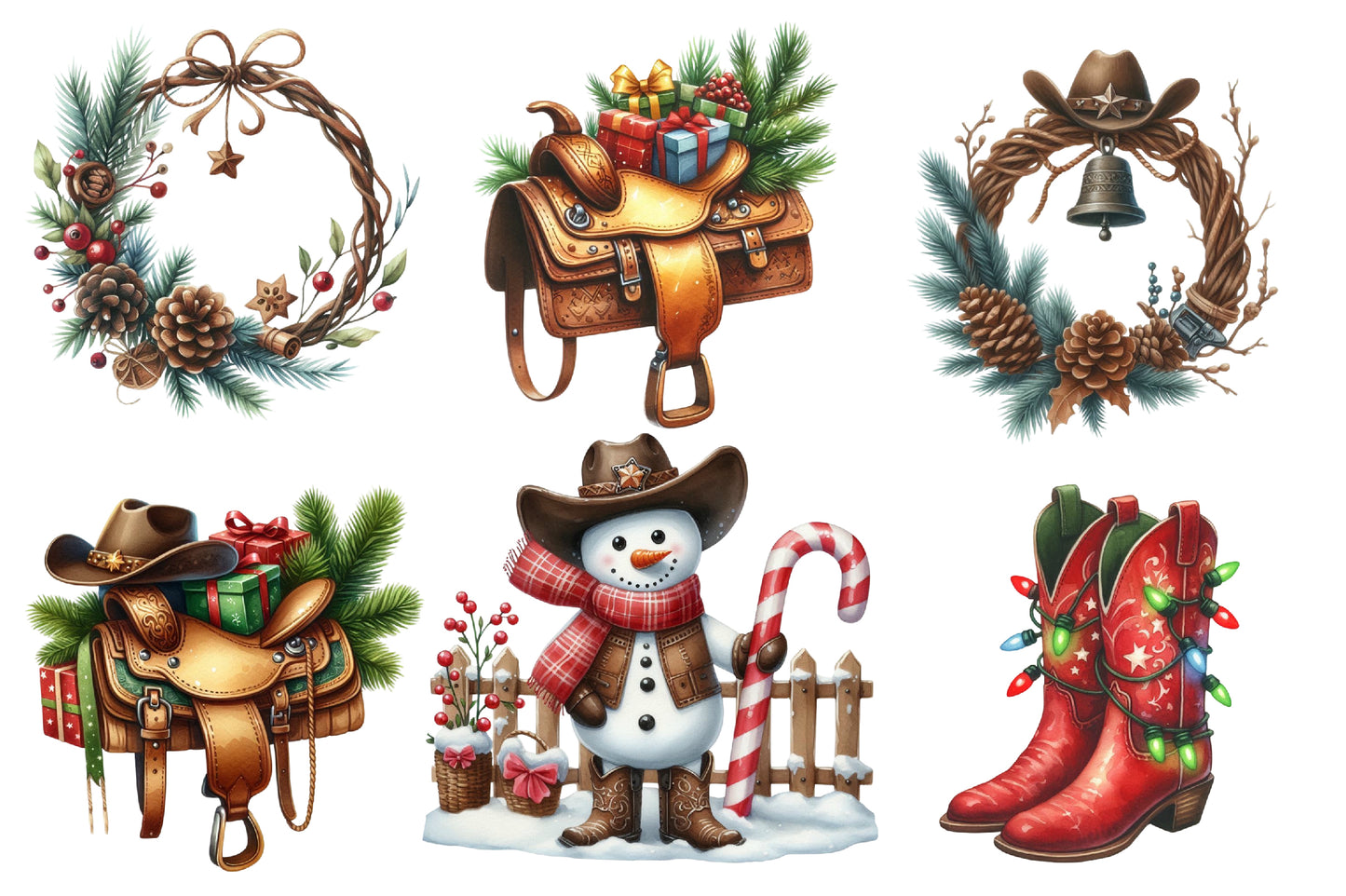 Christmas Western Clipart PNG Bundle | Rustic Cowboy Christmas Watercolor Clipart | Western Holiday Sublimation PNG