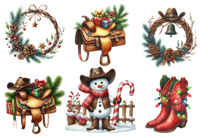 Christmas Western Clipart PNG Bundle | Rustic Cowboy Christmas Watercolor Clipart | Western Holiday Sublimation PNG