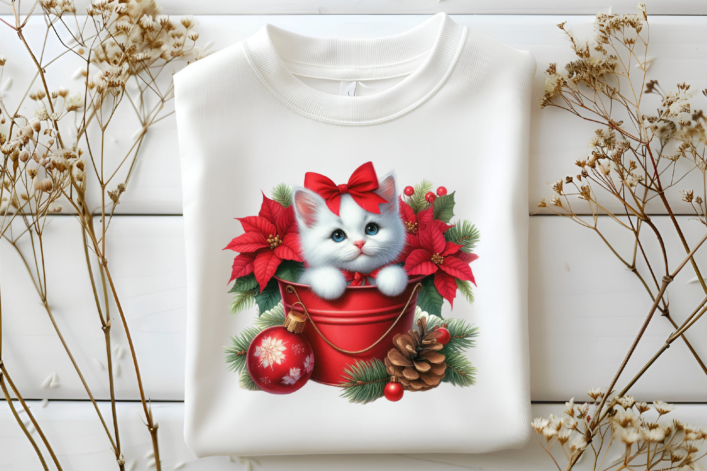 Watercolor Christmas Cat in Bucket PNG Bundle | Cute Christmas Cat Clipart | Poinsettia & Holiday Cat Sublimation