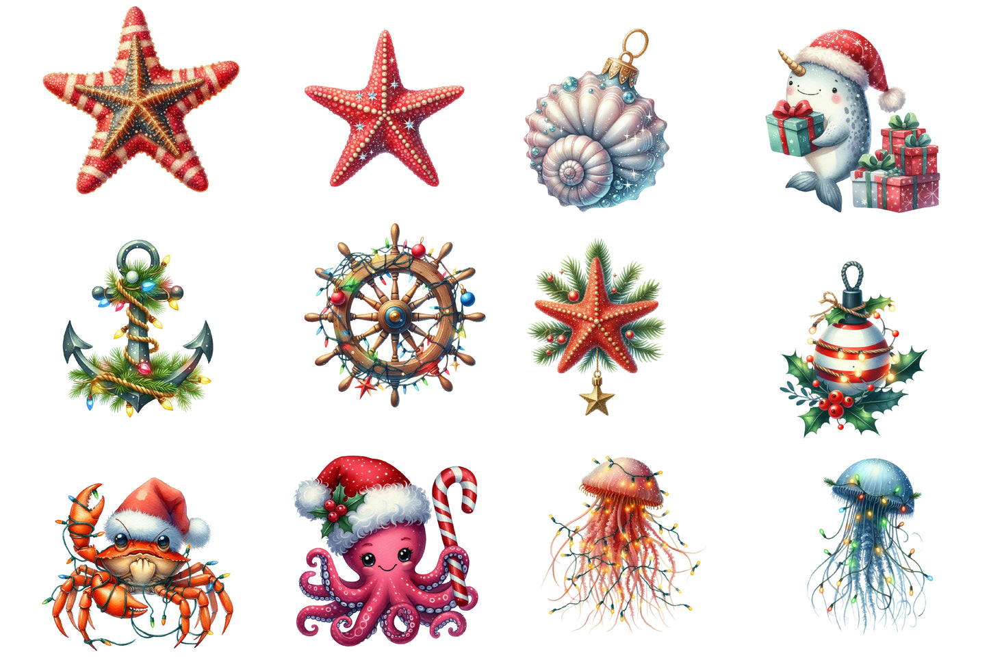 Maritime Christmas Clipart PNG Bundle | Nautical Christmas Watercolor Clipart | Coastal Holiday Sublimation PNG