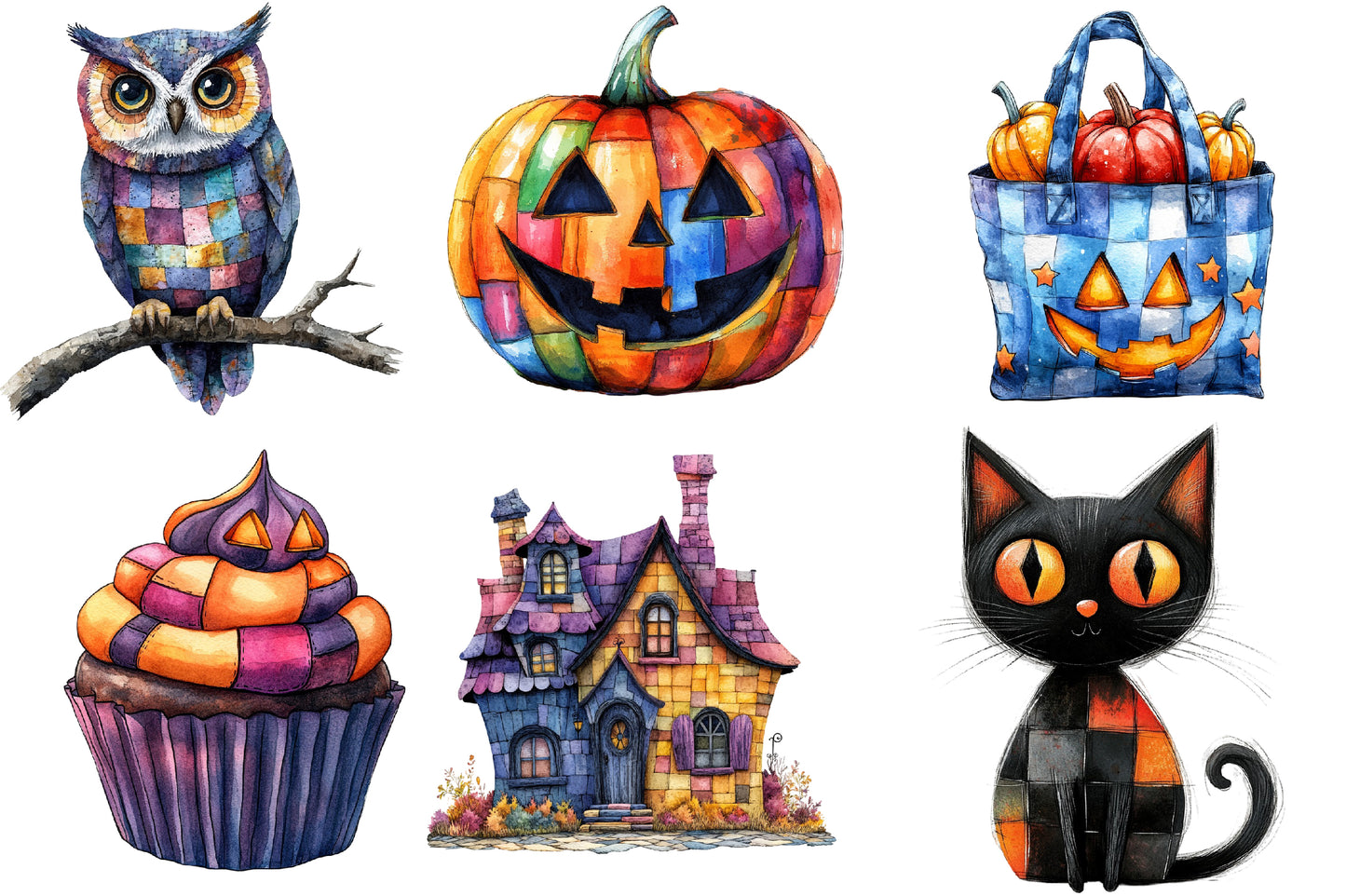 Halloween Patchwork Clipart PNG Bundle | Colorful Owl, Bat, Pumpkin, Witch & Haunted House