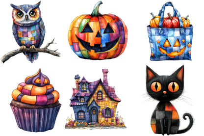 Halloween Patchwork Clipart PNG Bundle | Colorful Owl, Bat, Pumpkin, Witch & Haunted House