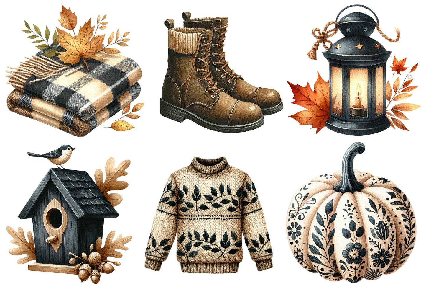 Beige & Black Autumn Watercolor Clipart PNG Bundle | Neutral Fall Botanical Clipart | Elegant Boho Autumn PNG