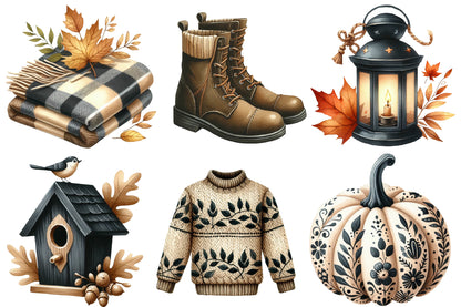 Beige & Black Autumn Watercolor Clipart PNG Bundle | Neutral Fall Botanical Clipart | Elegant Boho Autumn PNG