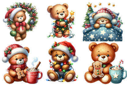 Teddy Bear Christmas Watercolor Clipart PNG Bundle | Christmas Teddy Bear PNG | Cute Bear Sublimation