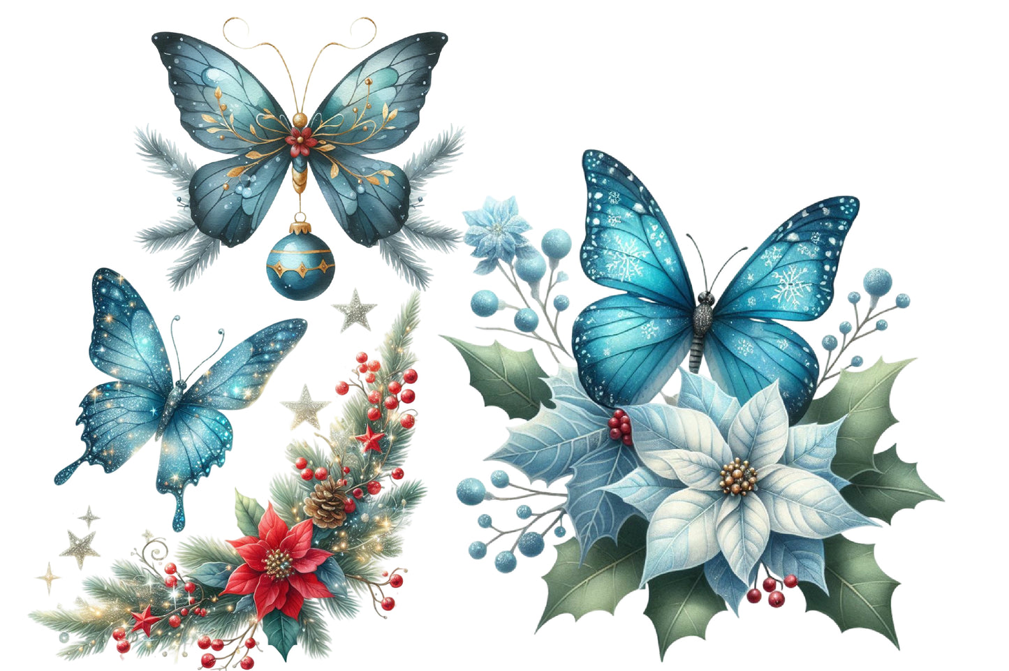 Christmas Butterfly Clipart PNG Bundle | Watercolor Festive Butterfly Clipart | Holiday Butterfly Sublimation PNG