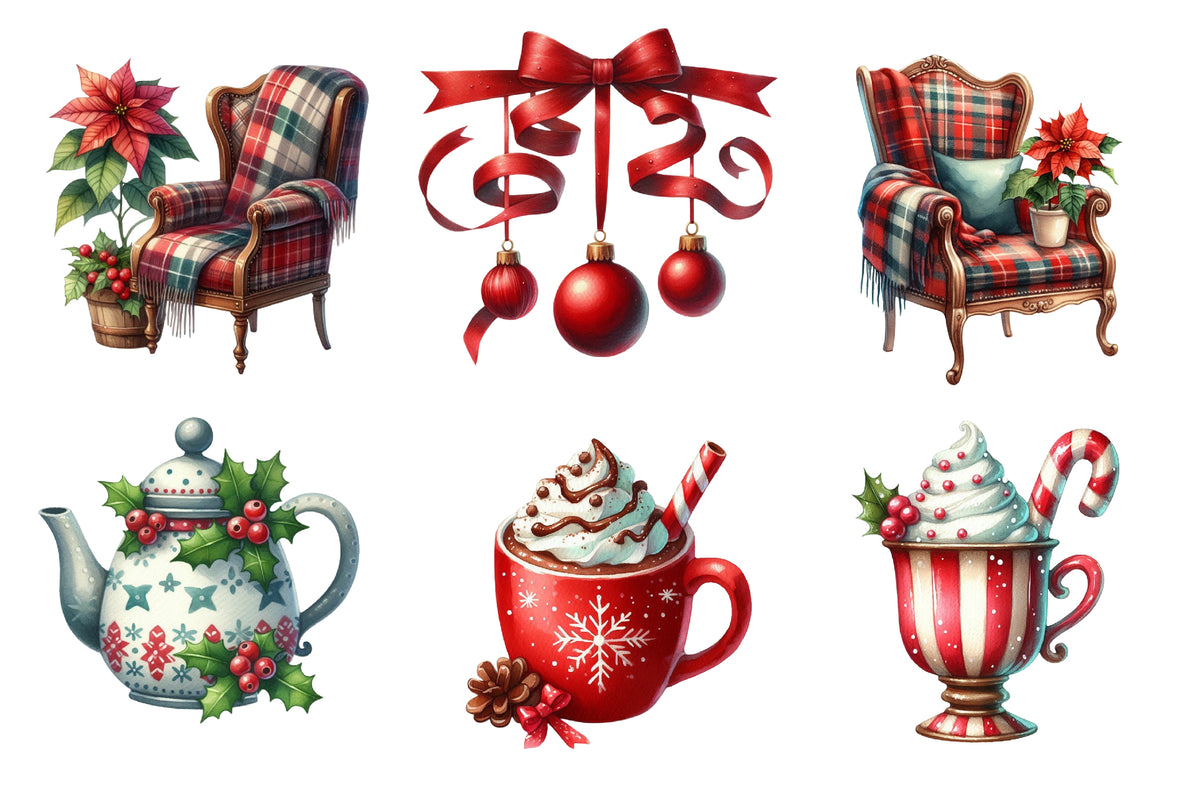 Christmas Red and Green Clipart PNG Bundle | Watercolor Red Green Christmas Clipart | Festive Holiday Sublimation PNG
