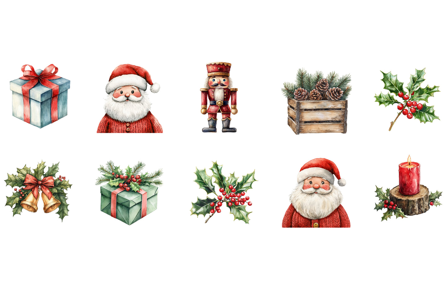 Winter Christmas Clipart PNG Bundle | Snowy Christmas Village, Trees, Barn, Santa, Nutcracker, Gifts & Winter Decor