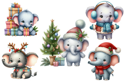 Christmas Baby Elephant Clipart PNG Bundle | Watercolor Cute Baby Elephant Christmas Clipart | Holiday Elephant PNG