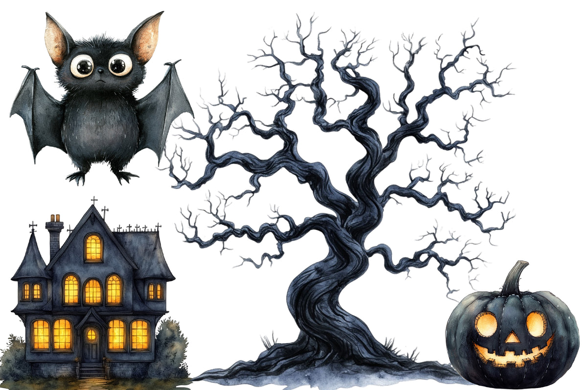Halloween Clipart PNG Bundle | Witch Cat, Raven, Ghost, Bat, Haunted House & Pumpkin PNG