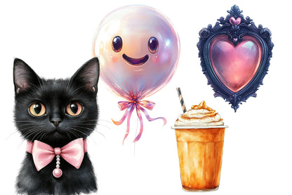 Halloween Girly Clipart PNG Bundle | Pink Black Cat, Ghost, Skull, Pumpkin, Bat & Witch PNG