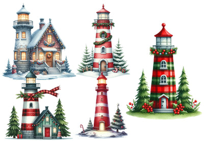 Christmas Lighthouse Clipart PNG Bundle | Watercolor Coastal Christmas Lighthouse Clipart | Nautical Holiday Sublimation PNG