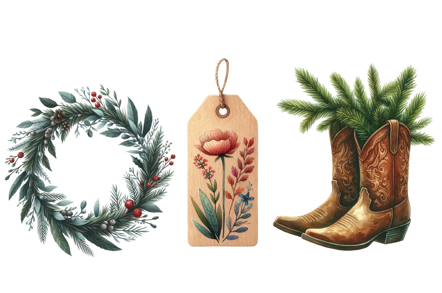 Neutral Christmas Clipart PNG Bundle | Rustic Christmas Watercolor Clipart | Woodland Holiday Sublimation PNG