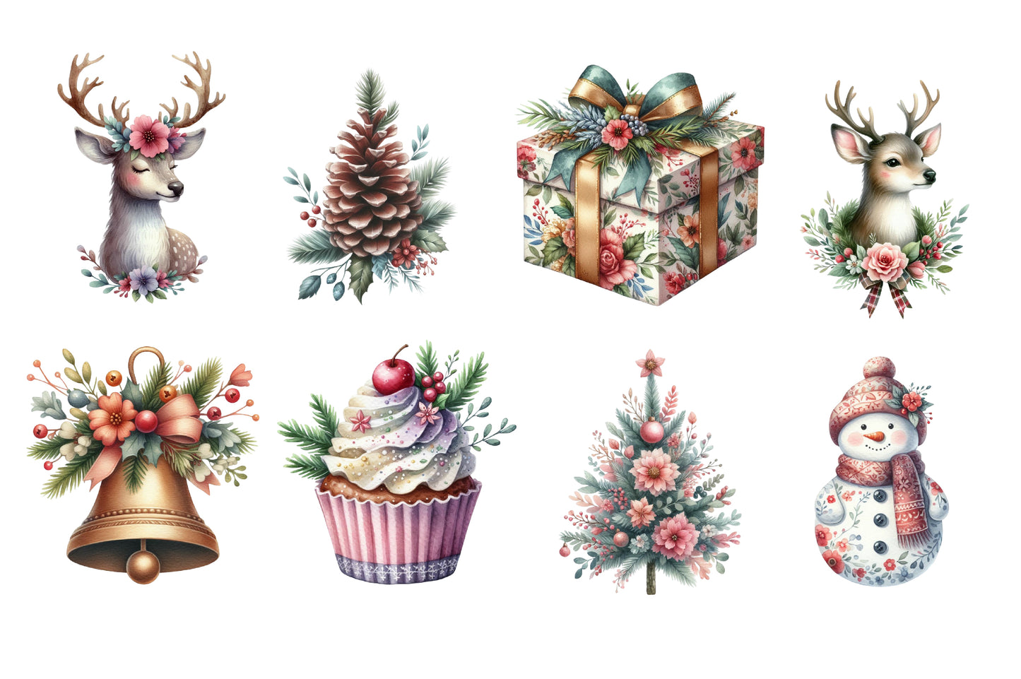 Christmas Floral Watercolor Clipart PNG Bundle | Floral Christmas Clipart | Holiday Sublimation