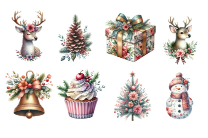 Christmas Floral Watercolor Clipart PNG Bundle | Floral Christmas Clipart | Holiday Sublimation