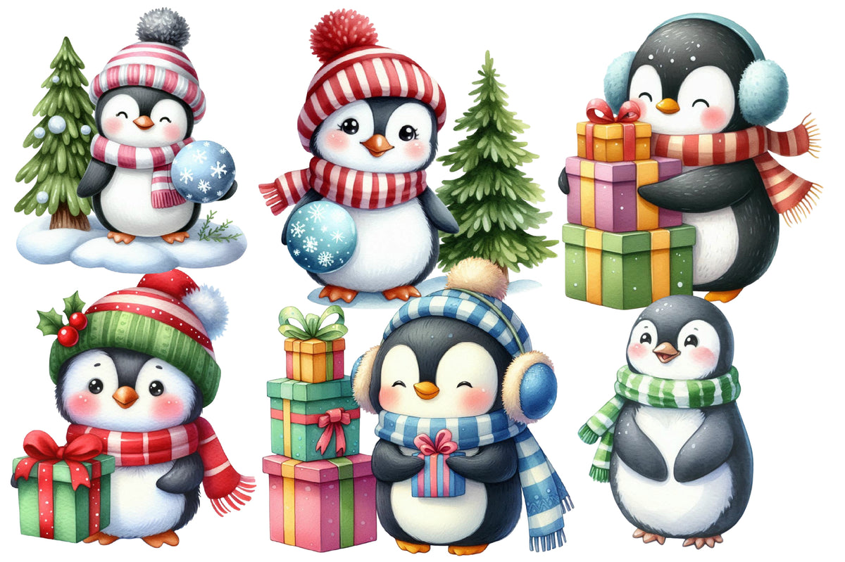Christmas Penguin Clipart PNG Bundle | Watercolor Cute Christmas Penguin Clipart | Winter Holiday Sublimation PNG