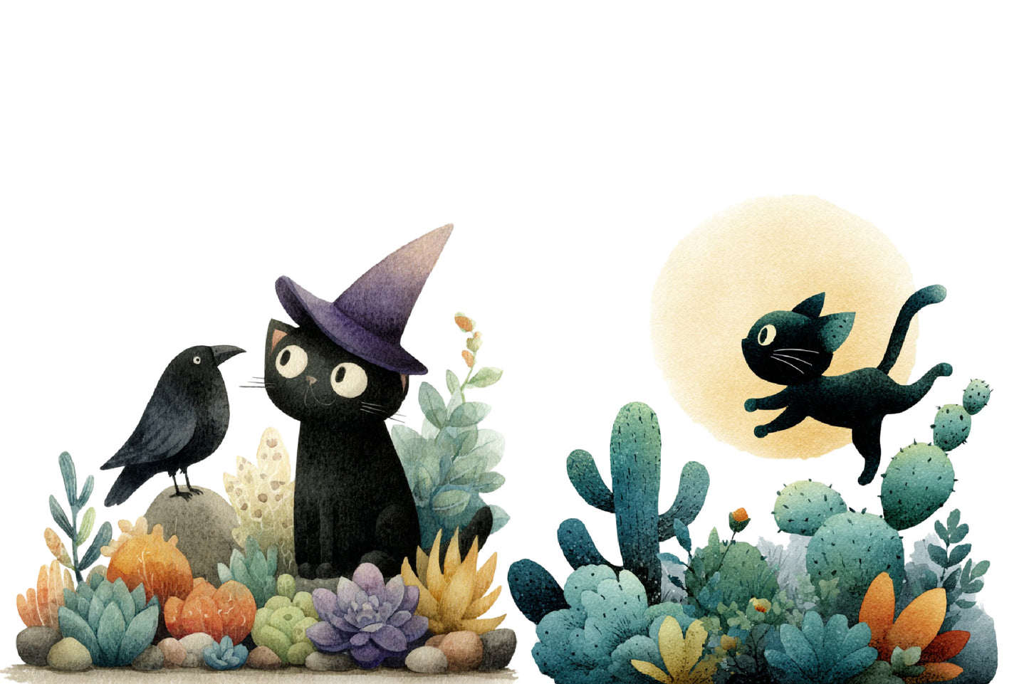 Halloween Desert Cat Clipart PNG | Cute Black Cat & Cactus Clipart, Desert Halloween PNG