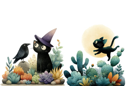 Halloween Desert Cat Clipart PNG | Cute Black Cat & Cactus Clipart, Desert Halloween PNG