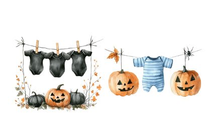 Halloween Baby Clothes Clipart PNG Bundle | Baby Bodysuit PNG, Halloween Onesie Clipart,