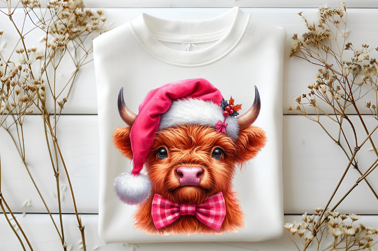 Watercolor Christmas Highland Cow Clipart PNG Bundle | Festive Highland Cattle Holiday Designs