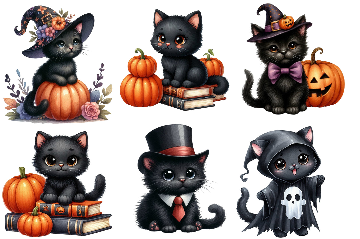 Halloween Black Cat Clipart PNG Bundle | Cute Witch Cat PNG, Black Cat Halloween Clipart