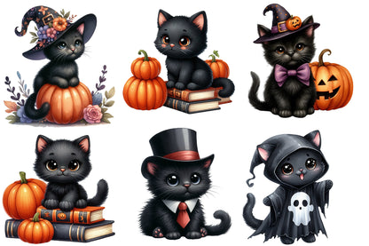 Halloween Black Cat Clipart PNG Bundle | Cute Witch Cat PNG, Black Cat Halloween Clipart