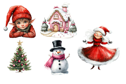 Scandi Christmas Watercolor Clipart PNG Bundle | Scandinavian Christmas Clipart | Pink Christmas Sublimation PNG