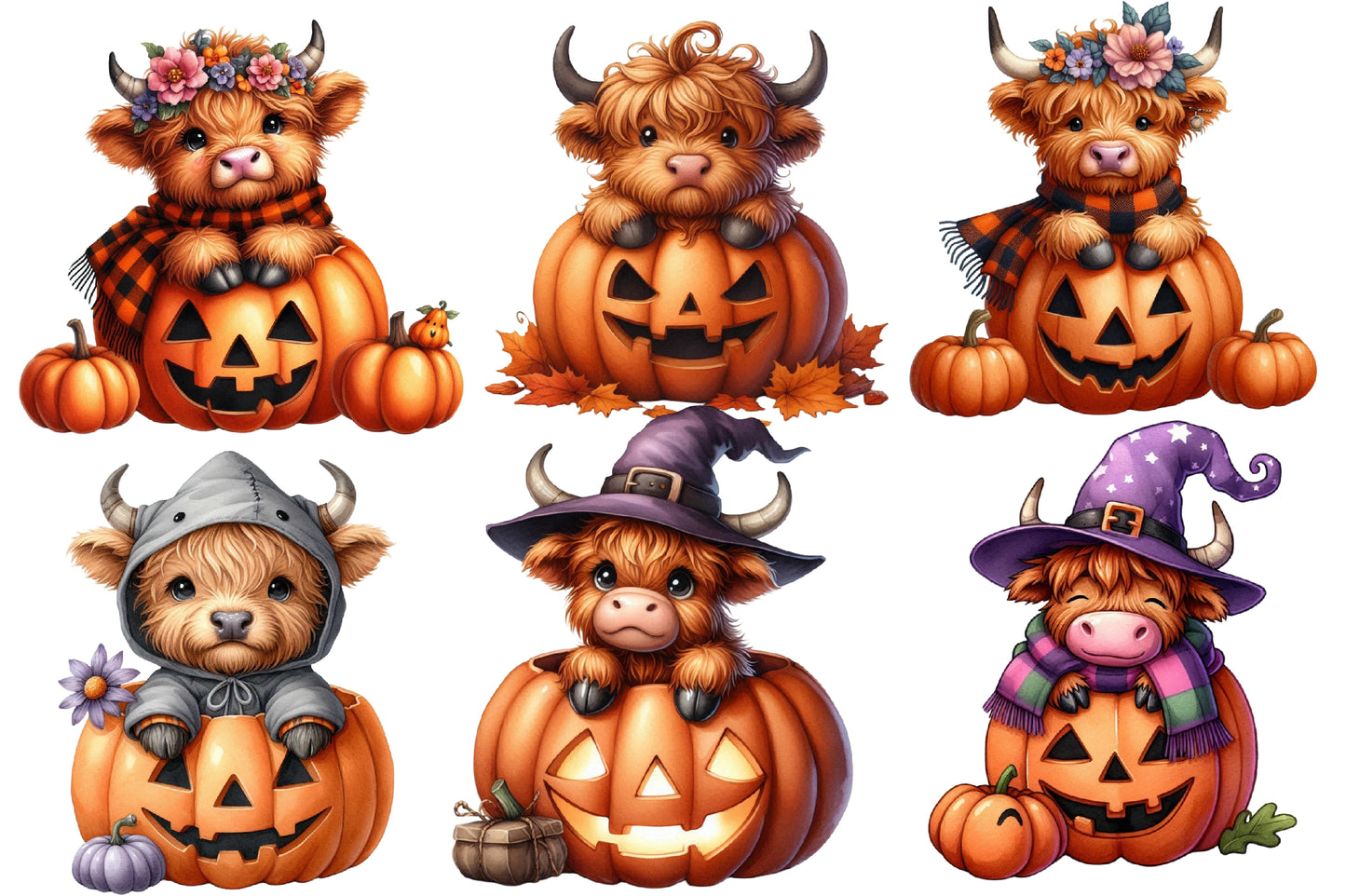 Halloween Highland Cow Clipart PNG | Cute Highland Cow Pumpkin PNG, Fall Cow Clipart,